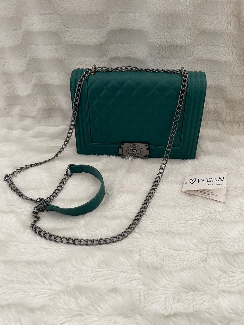 Vegan Quilted Crossbody Bag in Teal with Chain Strap